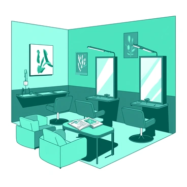 A teal salon interior featuring sleek, stylish fixtures and modern decor. The walls are adorned with contemporary art pieces, showcasing abstract designs in a variety of shapes. In the center of the room, there are chic hair styling stations with large mirrors framed in white, each equipped with bright, adjustable lighting. Plush seating in a matching shade of teal is arranged around a central coffee table, which is topped with a few stylish magazines. The flooring is polished to a glossy finish, reflecting the overall elegance of the space.