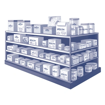 A supermarket shelf filled with various products. The shelves are stocked with multiple containers, boxes, and bags, all prominently displaying "gluten-free" labels. The products vary in shape and size, including snack bars, pasta, cereals, and canned goods. Each item is arranged neatly, showcasing the labels clearly. The shelf has a clean and organized appearance, with an emphasis on the gluten-free branding of the products. The background features other supermarket elements, such as signs indicating aisle information.