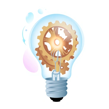 A light bulb with a transparent glass exterior revealing intricate gears and cogs inside. The gears are made of brass and copper, glimmering in shades of gold and warm brown. The light bulb has a vintage metal base, showcasing the mechanical elements clearly. Wisps of warm light emanate from the glowing filament within, adding a soft, inviting glow to the scene. The background features a subtle gradient of pastel colors that enhance the focus on the light bulb's metallic components.