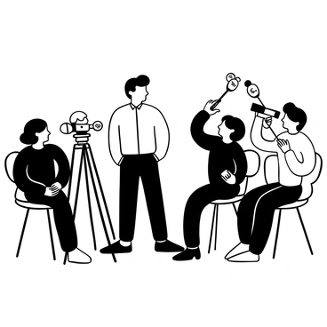 A man in a suit stands confidently while giving an interview to a group of reporters. The reporters are holding microphones and pointing cameras towards him. The setting is a formal indoor environment with a few chairs in the background. The scene captures the reporters gathered closely, each one focusing intently on the man as he speaks. The microphones display various logos, and the cameras are equipped with long lenses for capturing clear shots.