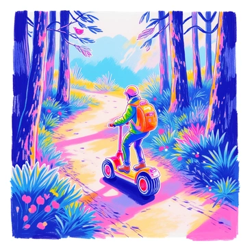 A nature enthusiast is riding a rugged mini segway along a winding forest trail. The individual is wearing a green hiking jacket and a sturdy helmet. Tall trees surround the path, with sunlight filtering through the leaves, creating dappled patterns on the ground. The segway has large, off-road tires designed for uneven terrain. Lush ferns and small wildflowers grow alongside the trail, and a few birds can be seen perched on the branches above. The scene conveys a sense of adventure and appreciation for the outdoors.
