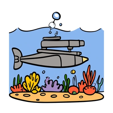 A machine gun turret mounted on a sleek underwater vehicle, surrounded by a vibrant coral reef teeming with colorful fish and marine life. The vehicle has a streamlined design with a metallic surface reflecting the light filtering down from the water's surface. The coral reef includes a variety of corals in bright reds, yellows, and blues, with schools of small fish swimming around them. Bubbles rise from the vehicle, adding a sense of motion to the scene. The sunlight creates ripples on the sandy ocean floor beneath.