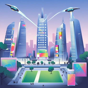 A vibrant futuristic cityscape is depicted with towering skyscrapers made of reflective glass and steel. The buildings reach high into the sky, each with unique, sleek designs that showcase advanced architecture. Flying cars with bright neon lights zip through the sky between the structures, leaving trails of light behind them. Below, the streets are bustling with pedestrians and vibrant displays of digital advertisements illuminating the scene. A green park with trees and walkways is nestled among the skyscrapers, providing a contrast to the urban environment. The sky is a gradient of deep blue transitioning to soft purple, indicating twilight.