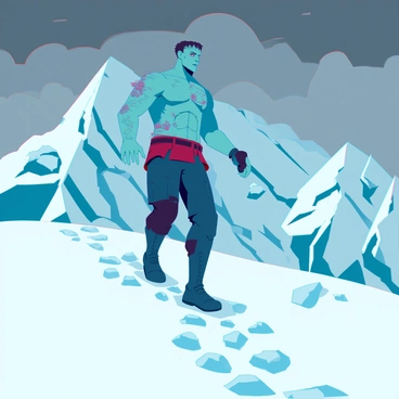 Frankenstein's monster, a towering figure with greenish skin and deep scars, is trekking across an icy mountain peak. The landscape is blanketed in thick snow, with sharp, jagged rocks jutting through the white cover. The sky overhead is overcast with dark clouds, hinting at an impending storm. The monster, wearing tattered clothing, is leaving deep footprints in the snow as it perseveres against the cold wind. Its muscular frame and determined expression contrast with the barren, icy terrain around it, creating a stark visual of resilience amidst desolation.