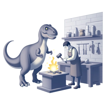 A large dinosaur stands beside a blacksmith in a workshop, demonstrating a unique collaboration. The dinosaur, with muscular limbs and a sturdy build, is using its powerful tail to hold a heavy anvil in place. The blacksmith, dressed in a leather apron, works diligently at a forge, shaping glowing metal with a hammer. Sparks fly from the anvil as the blacksmith strikes the hot metal. Various tools, such as hammers and tongs, are scattered across a wooden workbench, while the walls are lined with shelves filled with different metal shapes and tools. The warmth of the forge contrasts with the sturdy stone walls of the workshop, creating a dynamic atmosphere of industry and teamwork.