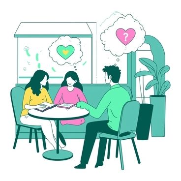 A teal person sitting at a small round café table is observing two potential partners at separate tables. One partner is a yellow individual with a bright smile, engaged in conversation with a friend. The other partner is a pink individual, looking thoughtfully at a book in front of them. Above the teal person’s head, there are two thought bubbles. The first thought bubble, directed towards the yellow individual, depicts a warm, glowing heart. The second thought bubble, pointing at the pink individual, contains a question mark and a light bulb, symbolizing curiosity. The café has a cozy atmosphere with potted plants and warm lighting.