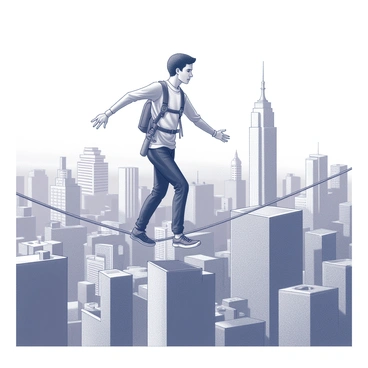 A person cautiously walking on a tightrope over a cityscape, with a safety net beneath them