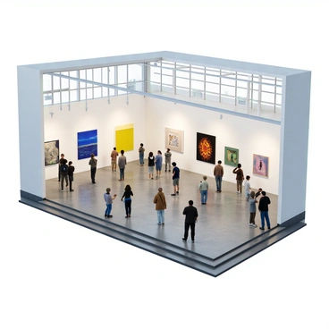 A modern art gallery located in Scotland with a sleek architectural design featuring large glass windows and a minimalist exterior. Inside, the spacious gallery is filled with various contemporary artworks displayed on stark white walls. There are large abstract paintings in bold colors hanging on the walls, along with modern sculptures made of metal and wood scattered throughout the area. The polished concrete floor reflects the light from overhead spotlights. Visitors are seen examining the artworks, with a few engaged in discussions. The atmosphere is vibrant and lively, showcasing the intersection of art and culture.