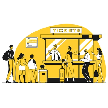 A ticket booth at a train station bustling with activity. The booth is constructed with glass and metal, featuring a large sign that says "Tickets" in bold letters. In front of the booth, a diverse group of travelers stands in line, each carrying bags and suitcases. One traveler, a woman with short hair, is handing money to the ticket agent. A man wearing headphones is checking his phone, while a family with two children waits patiently. The backdrop shows digital screens displaying train schedules and destinations, adding to the modern atmosphere of the station.