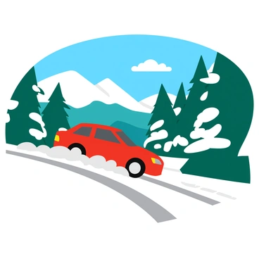 A red rally car is drifting around a sharp corner on a snowy mountain road. The car is positioned at an angle, with snow spray flying from its tires as it navigates the turn. Tall, snow-covered pine trees line the sides of the road, their branches heavy with white snow, creating a winter wonderland atmosphere. In the background, snow-capped mountains rise majestically against a clear blue sky, adding to the scenic view. The road has tire tracks visibly leading into the corner, emphasizing the car's action. The scene captures the thrill and excitement of rally racing in a winter setting.