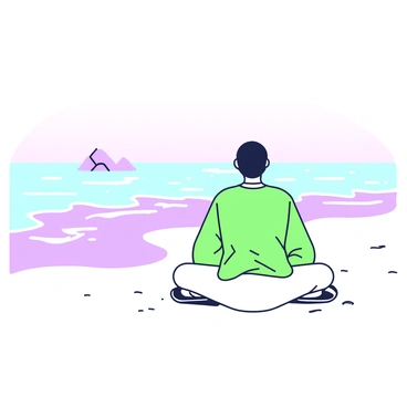 A solitary figure is sitting on a beach, facing the ocean. The figure is dressed in light clothing, embodying a sense of calmness. The waves are gently lapping at the shore, creating a rhythmic pattern against the sand. The beach is wide, with fine sand stretching out on either side of the figure. In the background, there are a few rocks partially submerged in the water. The sky above is clear, with a soft gradient, enhancing the tranquil ambiance of the scene.