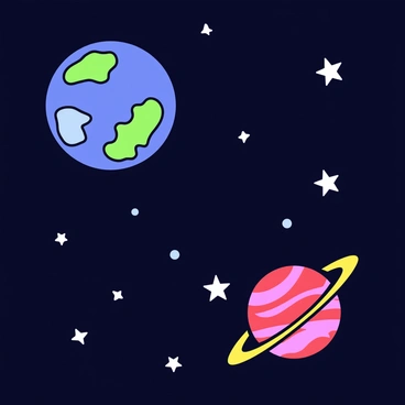 A dark background filled with scattered white stars. In the foreground, there are two large planets, one with swirling blue and green patterns and the other with reddish hues and distinct rings. The planets are positioned at different angles, creating a sense of depth. The stars twinkle brightly around the planets, enhancing the space environment.