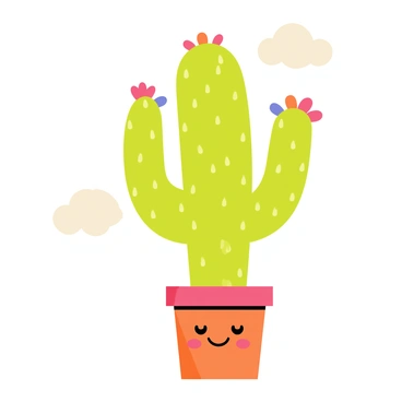 A cartoonish cactus with a bright green body decorated with playful patterns in shades of pink and yellow. The cactus has several arms reaching out, each adorned with small colorful flowers in red, blue, and purple. The base of the cactus sits in a terracotta pot, which features a smiling face design. The background includes a sunny sky with fluffy white clouds.