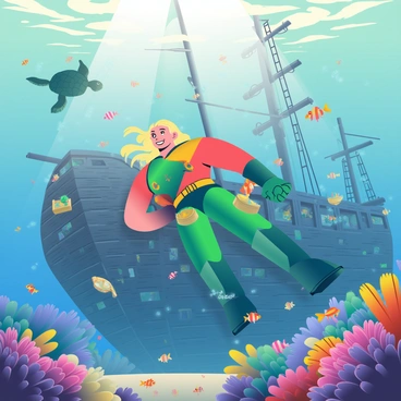 Aquaman, with long blonde hair and wearing a green and gold suit, is swimming through a mysterious ancient shipwreck. The shipwreck is encrusted with colorful coral and surrounded by schools of vibrant fish. Sunlight filters through the water, illuminating the intricate details of the ship's structure, including broken masts and scattered treasures. In the background, a large sea turtle glides gracefully past, while tiny shrimp scuttle among the coral. Aquaman's expression shows determination as he examines the remnants of the ship, revealing ancient artifacts that hint at a long-lost civilization.
