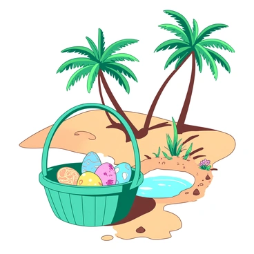 An Easter basket at a desert oasis, with palm trees and a small water pool