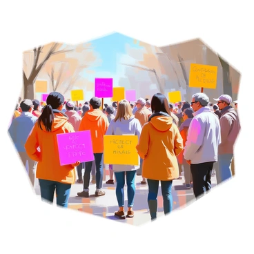 A peaceful protest scene featuring a diverse group of individuals standing together, each holding brightly colored signs advocating for animal rights. The signs display messages such as "Protect Our Animals" and "Compassion for All Beings" in clear, bold lettering. The people are of various ages and backgrounds, some with serene expressions, while others are passionately engaged in conversation. In the background, there are trees and a clear sky, adding to the sense of community and purpose in the gathering.
