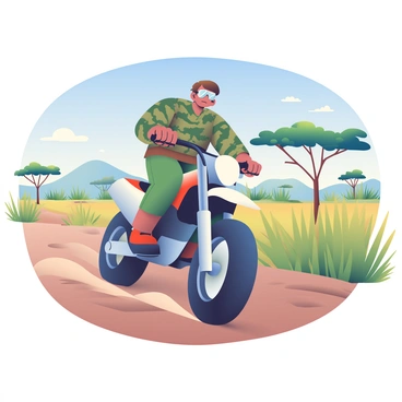 A motorcycle rider is navigating through a safari setting on a rugged trail. The rider is dressed in camouflage gear that blends with the earthy tones of the landscape. They are wearing polarized sunglasses that reflect the surrounding scenery. The motorcycle is a powerful model with thick tires designed for off-road conditions. In the background, tall grasses and scattered acacia trees are visible under a clear blue sky, creating an expansive view of the wild terrain. Dust is being kicked up behind the motorcycle, indicating speed and adventure through the wild.