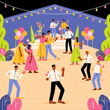A vibrant sangeet night scene featuring a large outdoor area illuminated by string lights. Guests are dancing joyfully on a wooden dance floor, wearing colorful traditional attire such as bright lehengas and sherwanis. A stage is set up in the background, showcasing performers singing and playing musical instruments. Colorful floral decorations are arranged around the venue, adding to the festive atmosphere. Some guests are holding decorative drinks, while others are clapping along to the rhythm of the music.