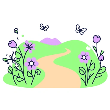 A path winds through a meadow, bordered by vibrant wildflowers in various sizes and shapes. The flowers display a mix of colors with distinct green leaves surrounding them. Butterflies flutter above the flowers, showcasing their delicate wings. The path itself is dirt, with tufts of grass growing on either side. In the distance, gentle hills provide a soft backdrop to the scene, enhancing the serene atmosphere of the meadow.