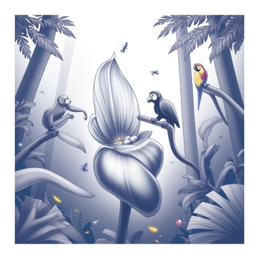A dense jungle filled with lush foliage and towering trees. In the center, a massive corpse flower is in full bloom, its large, textured petals prominently displaying its unique shape. Various wildlife can be seen interacting around the flower. A curious monkey is perched on a branch, reaching out towards the flower. Nearby, a vibrant parrot is perched on another branch, observing the scene. Small insects can be seen crawling on the ground, while a few colorful butterflies flutter around the flower. The atmosphere is filled with the sounds of the jungle, as creatures move through the underbrush and the air is thick with humidity.