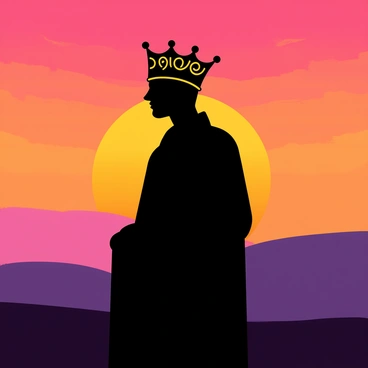 A silhouette of a royal figure wearing an ornate crown stands against a vibrant sunset sky. The figure is outlined in black, with intricate details visible on the crown. The colorful sunset radiates warm shades of orange, pink, and purple, creating a striking backdrop. The horizon showcases gentle, rolling hills that are darkened by the setting sun, contrasting with the bright hues of the sky.