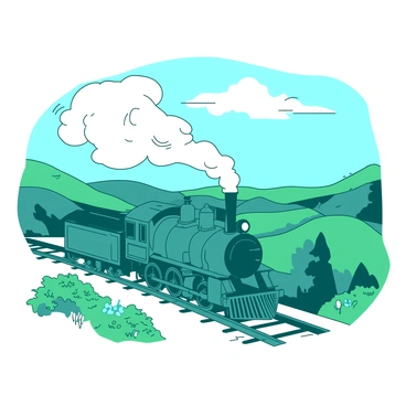 A teal vintage steam train is chugging along the tracks through a picturesque landscape. The train emits a billowing cloud of white steam from its chimney as it moves forward. On either side of the train, there are rolling hills covered in lush green grass and dotted with vibrant wildflowers. In the background, a clear blue sky stretches above, with a few fluffy white clouds floating lazily. The train's wheels are turning as it travels smoothly down the tracks, creating an atmosphere of nostalgia and adventure.