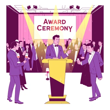 A glamorous award ceremony is taking place in a grand hall adorned with elegant decorations. A recipient stands at a shining golden podium, smiling as they receive enthusiastic applause from the audience. The crowd is filled with elegantly dressed attendees, some holding sparkling champagne glasses. Behind the recipient, there is a large banner displaying the words "Award Ceremony" in bold letters. Soft spotlight beams shine down on the podium, highlighting the recipient and creating a festive atmosphere.