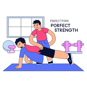 A gym trainer with a short, athletic build wearing a red tank top is demonstrating knee push-up form. The trainer has one hand on the beginner's back for support. The beginner, a person with a medium build dressed in a blue t-shirt, is positioned on a yoga mat. The knee push-up position is clearly visible, with the beginner's knees on the mat and hands placed shoulder-width apart. The gym environment includes exercise equipment in the background, such as dumbbells and a stability ball. A motivational quote in bold letters reads, “Perfect Form, Perfect Strength” on the wall.