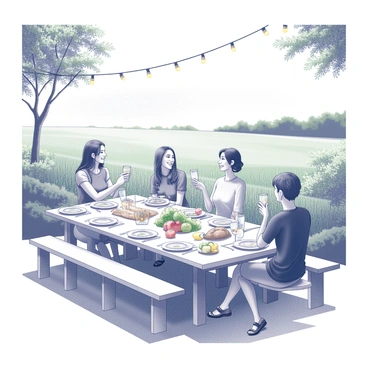 A large outdoor dining table is set with an assortment of plates, glasses, and cutlery, surrounded by guests who are engaged in lively conversation. The table is adorned with fresh produce, artisanal bread, and a variety of colorful dishes presented elegantly. Above the table, “string lights” are strung between trees, casting a soft glow over the scene. The setting features lush green fields in the background, creating an inviting atmosphere. Guests are smiling and raising their glasses, celebrating the bountiful meal.