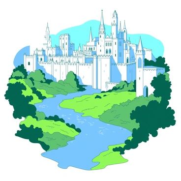 A detailed view of "the hidden city of Gondolin" gracefully nestled within a lush green valley. The city features towering white walls that glisten under bright sunlight, creating a striking contrast with the surrounding landscape. Majestic spires rise above the walls, and intricate architecture is visible, showcasing elegant arches and ornate designs. In the foreground, a winding river reflects the white walls and the clear blue sky, while patches of vibrant greenery surround the city's perimeter, enhancing the beauty of this serene setting.