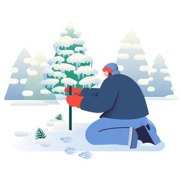 A person wearing a dark blue winter jacket and red gloves is staked down in the foreground. They are kneeling in the snow while securing a small tree that is covered in a thick layer of white snow. The tree is adorned with delicate icicles hanging from its branches. In the background, there are more snow-covered trees under a soft gray sky. The ground is blanketed in fresh, fluffy snow with footprints leading to the small tree. A few small pinecones are scattered around, partially buried in the snow.