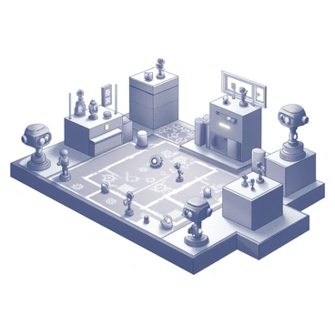 A board game is set within an intricate robot factory. The game board features a detailed design representing various sections of the factory, including assembly lines, control panels, and storage areas filled with mechanical parts. The game pieces consist of miniature robots, gears, and various mechanical components, all arranged thoughtfully across the board. The atmosphere of the game is filled with the sense of industry and invention, capturing the essence of a bustling factory environment. Each game piece is distinct, showcasing unique features that reflect their roles within the factory setting.