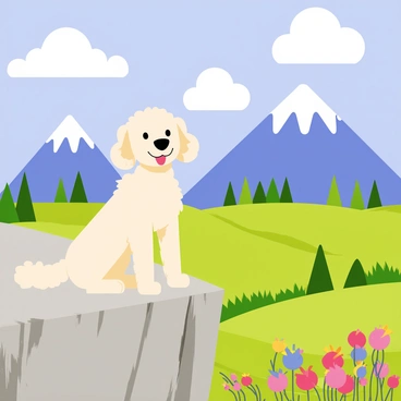 A labradoodle with fluffy, curly fur sits on a rocky cliff edge. The dog has a cheerful expression, with its tongue out and ears flopping gently in the wind. Below the cliff, a lush green valley stretches out, dotted with vibrant wildflowers. In the distance, tall mountains rise majestically, their peaks capped with snow. A bright blue sky filled with fluffy white clouds serves as the backdrop to this scenic view.