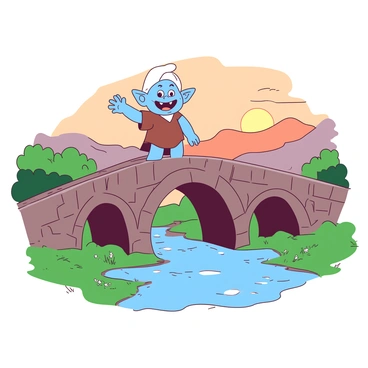 A sturdy stone bridge is spanning over a gentle stream, with multiple arches adding to its grandeur. The bridge is surrounded by lush green grass and scattered wildflowers. A friendly troll, with a broad smile and bright blue skin, stands at the center of the bridge, waving enthusiastically at passersby. The troll has large, round eyes and is wearing a simple tunic made of brown cloth. Above the bridge, the sky is painted with soft orange hues of a setting sun, casting a warm glow over the scene.