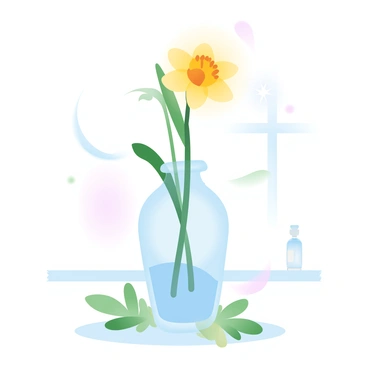 A single yellow daffodil is standing upright in a clear glass vase. The vase is filled with water, and it sits on a bright kitchen counter made of light-colored wood. The sunlight is streaming through a nearby window, casting gentle shadows on the counter. Surrounding the vase are a few scattered green leaves, adding a touch of nature to the scene.