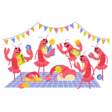 A lively crawfish fiesta featuring crawfish with bright red shells. Some crawfish are playing colorful musical instruments, such as a small accordion and a tambourine, while others are dancing energetically. The scene is filled with decorations, including colorful banners and streamers hanging in the background. Several crawfish are in cheerful poses, with big smiles and movement, capturing the festive atmosphere of the celebration. The ground is covered with a checkered picnic blanket where other crawfish are enjoying the festivities.
