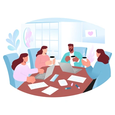 A team of four people is sitting around a large wooden table in a bright office space. Each team member is reviewing a contact form on a laptop or a piece of paper in front of them. Two of the team members are holding coffee mugs, with steam rising from the mugs, indicating warmth. The office has indoor plants in the background, and natural light is streaming through large windows. Colorful art is hanging on the walls, adding a vibrant touch to the space. A few stationery items, like pens and notepads, are scattered across the table, creating a collaborative atmosphere.