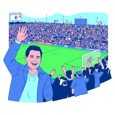 A duotone illustration captures a packed soccer stadium filled with cheering fans. The stands are a mix of colorful clothing worn by the fans, creating a vibrant atmosphere. In the foreground, "Ted Lasso" is waving enthusiastically from the sidelines, wearing a blue jacket and a white shirt with a friendly smile on his face. The field is lush and green, with a bright white goalpost in the background. The fans are holding up banners and flags, adding to the excitement of the scene.