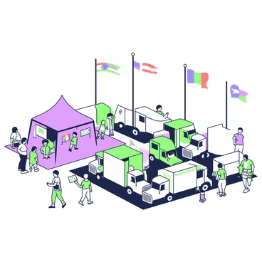 A large outdoor venue is set up for an international truck sale event. In the center, there are several trucks from various countries parked in rows, each uniquely designed. A purple tent is situated to the side, displaying promotional materials and brochures. Above the trucks, flags from different countries are raised high on tall poles, fluttering in the breeze. Attendees are walking around, examining the trucks closely. Some people are engaged in conversations with sales representatives, while others are taking notes or pictures. The setting is vibrant, filled with the excitement of potential purchases and international connections.