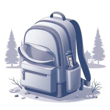 A Snickers bar peeking out of a backpack pocket during a camping trip.