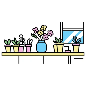 A kitchen counter, made of light-colored wood, displaying a variety of small pots filled with fresh herbs like basil and rosemary. In the center, a vibrant arrangement of "freesia flowers" in a glass vase, showcasing their delicate petals in shades of purple, yellow, and white. The counter surface is uncluttered, with a few kitchen utensils subtly placed in the background. Sunlight filters through a nearby window, creating soft shadows and highlighting the freshness of the herbs and flowers.
