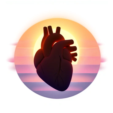 A detailed silhouette of a human heart, showing the anatomical structure with chambers and arteries. The heart is centered in the image, creating a stark contrast against a vibrant sunset background featuring shades of orange, pink, and purple. The warm colors of the sunset blend seamlessly, casting a radiant glow that enhances the silhouette of the heart, making it stand out prominently. The overall composition captures the intricate details of the heart while highlighting the beauty of the sunset.