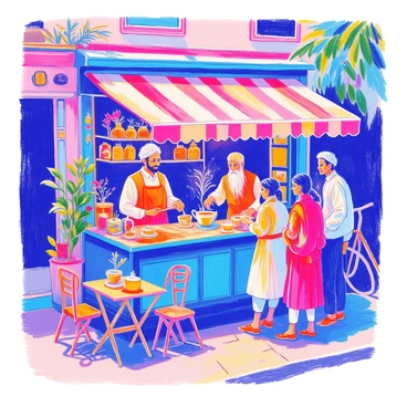 A cozy roadside tea stall is set up under a colorful awning. The vendor, wearing a traditional kurta and apron, is pouring steaming cups of "chai" from a large metal kettle. The stall is adorned with a variety of herbs and spices displayed in jars. Happy customers, including an elderly man with a white beard and a young couple, are standing in line, eagerly waiting for their drinks. The scene is lively, with a few small tables and chairs placed nearby. A bicycle leans against the stall, adding to the charm of the setting.