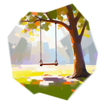 A single swing made of weathered wood hangs from a sturdy tree branch. The swing is gently swaying in the breeze, casting soft shadows on the ground below. Surrounding the swing is a vast, empty park with lush green grass stretching out in all directions. In the background, beams of sunlight filter through the leaves of the trees, creating dappled patterns on the ground. The scene conveys a sense of stillness, with no people or animals present, emphasizing the solitude of the swing in the expansive space.
