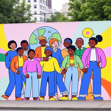 A large mural painted on a city street wall, featuring a colorful array of people from various backgrounds standing together in harmony. Each person is depicted with distinct features representing different cultures, wearing traditional clothing. The mural includes symbols of unity, like interlocked hands and a globe. The background consists of bright, abstract patterns that enhance the theme of equality. The wall is set against a cityscape, with hints of buildings and greenery in the surrounding area.