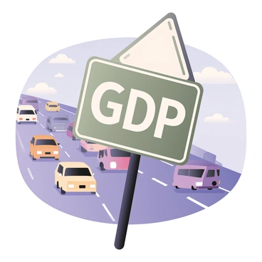 A digital flat illustration featuring a road sign prominently pointing upwards with the letters "GDP" displayed in bold white. The sign is framed with a bright green border. In the background, there is a busy highway filled with various vehicles such as cars, trucks, and buses, all in motion. The highway is depicted with multiple lanes, marked with white lane dividers. Above the highway, there are clear blue skies with a few scattered white clouds. The scene conveys a sense of movement and activity on the road.