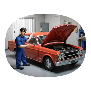 A mechanic with short hair and wearing a blue jumpsuit is crouched beside an old red sedan. He is carefully examining the car's engine, which is partially open, revealing various mechanical parts. The car is parked in a well-lit garage with tools and equipment visible in the background. The mechanic holds a clipboard with notes in one hand and is using a flashlight in the other to inspect the engine compartment for any signs of wear or damage. The atmosphere is focused, emphasizing the detailed work of assessing the vehicle's condition.