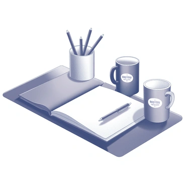 A desk with a collection of branding materials organized neatly on its surface. There are several pens positioned alongside an open notebook, which features a branded logo on its cover. Next to the notebook, a mug is displayed, also adorned with a logo that matches the other items. The arrangement is tidy and showcases the branding theme effectively, with each item clearly visible and distinct.