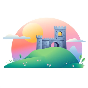 An ancient castle with stone walls and tall towers is perched atop a grassy hill. The castle features arched windows and a drawbridge, giving it a majestic appearance. In the background, a vibrant sunset fills the sky with shades of orange, pink, and purple, casting a warm glow over the scene. Silhouetted against the sunset, the castle stands proudly, with a few scattered trees on the hill adding to the landscape. The foreground includes wildflowers swaying gently in the breeze, creating a sense of depth and life in the picturesque setting.