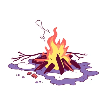 A campfire with bright flames is surrounded by patches of snow that are gradually melting. The melting snow creates small puddles of water that glisten in the light. Wisps of steam rise from the warm ground, blending with the cool air. The campfire flickers in the evening setting, illuminating the area around it and casting shadows on the snow. The scene features a few scattered pine needles and twigs around the campfire, adding to the natural ambiance.